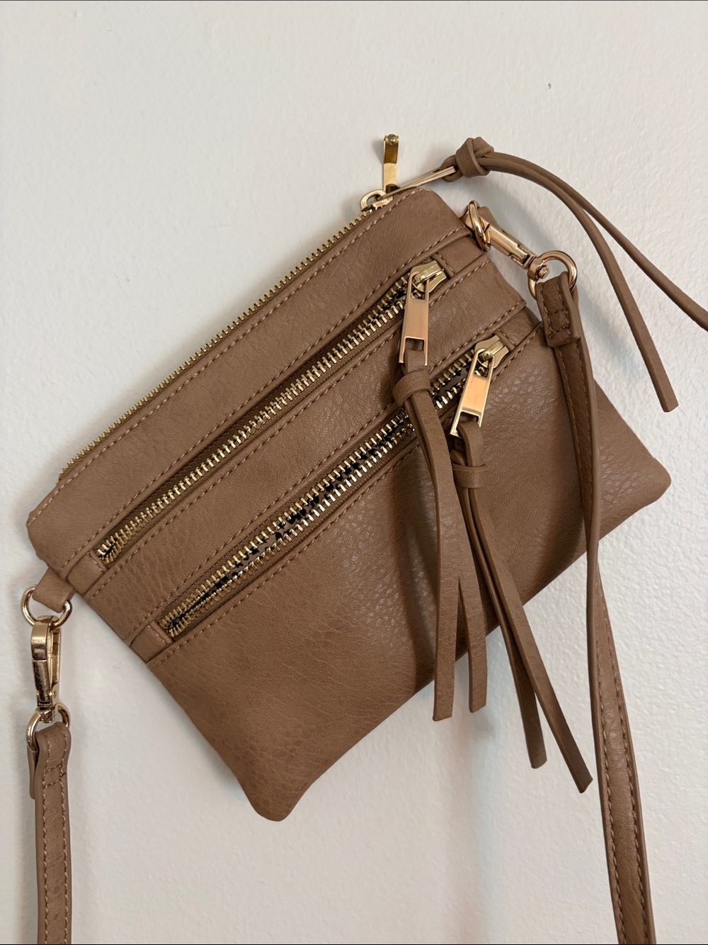 Brown Leather Crossbody Bag with Gold Zippers